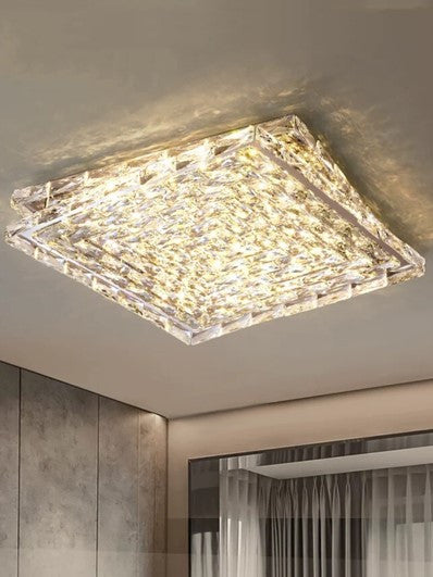 Ville Square Crystal Flush Ceiling Light - Gold